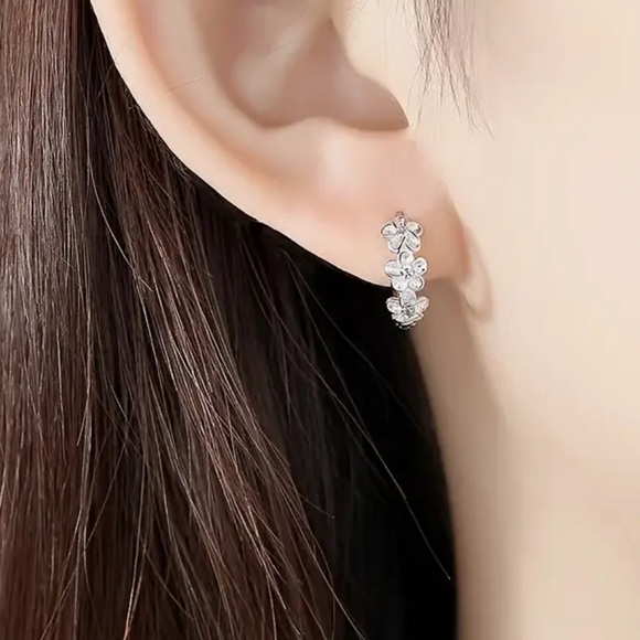 2/$30 Genuine 925 Sterling Silver Floral Hoop Earrings - Picture 6 of 9